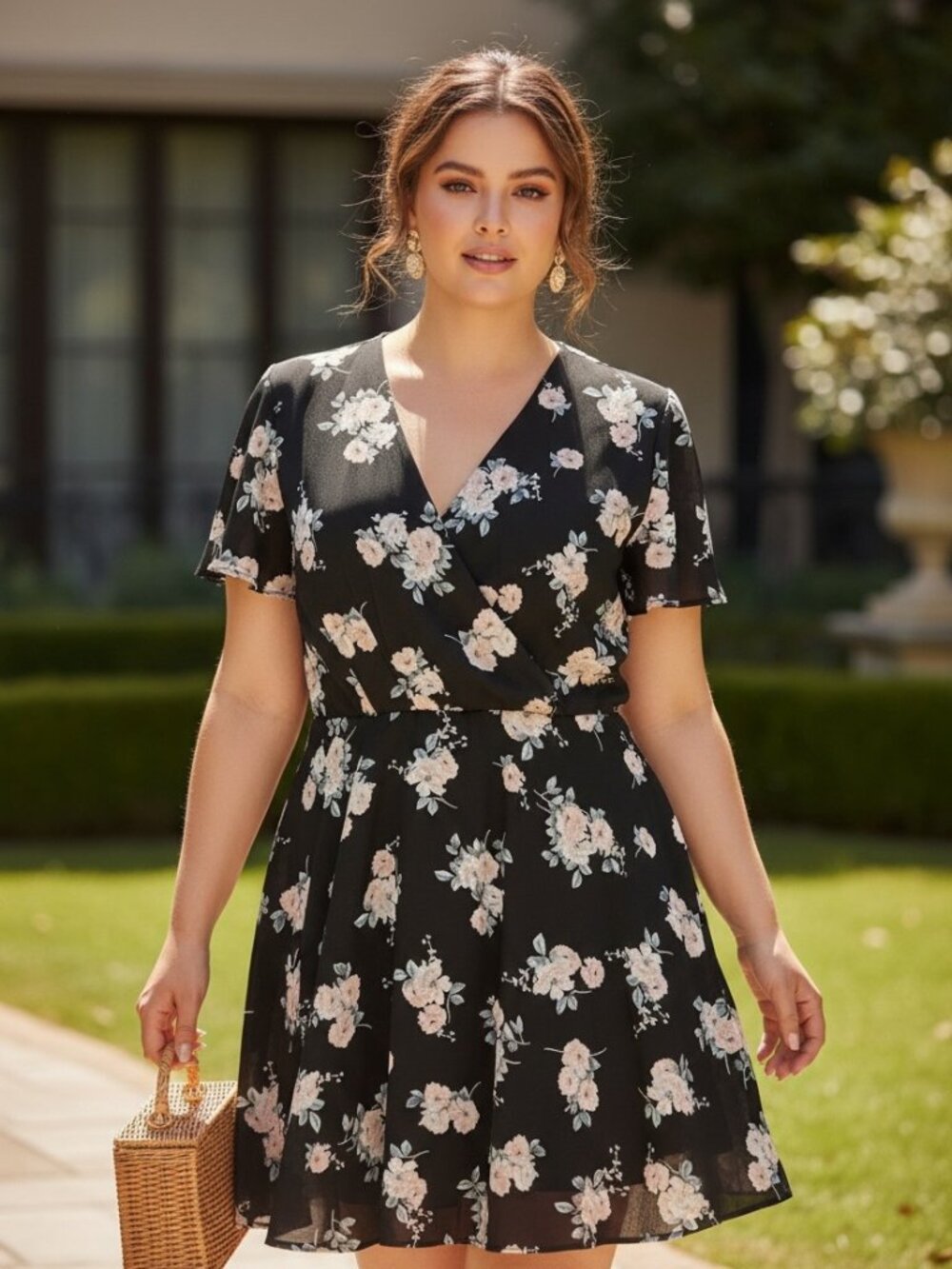 Express Black Floral V-Neck Wrap Short Sleeve Midi Dress Size 14 Career Party